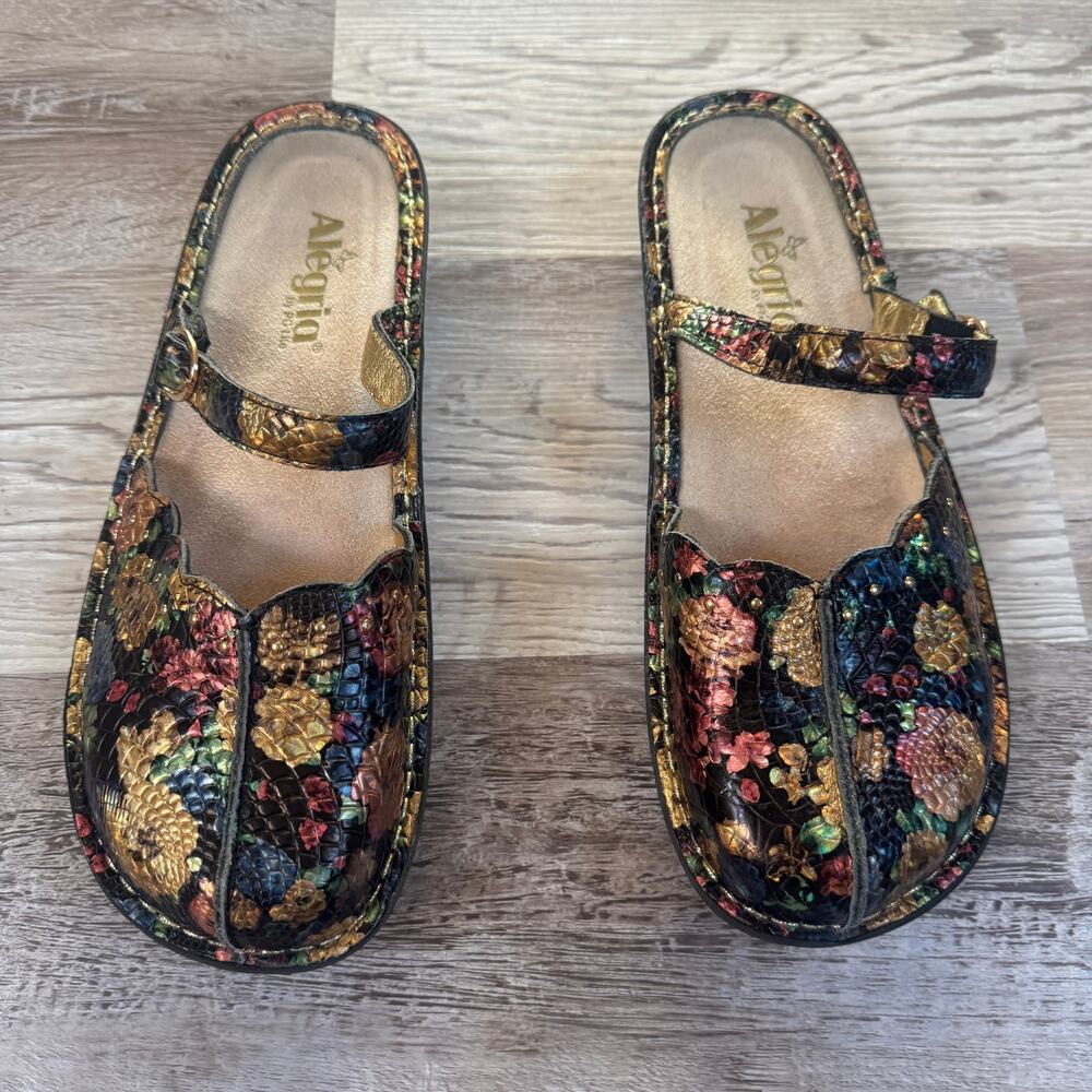 Alegria Paloma Floral Metallic Leather Mary Jane Comfort Clogs 41 US 10